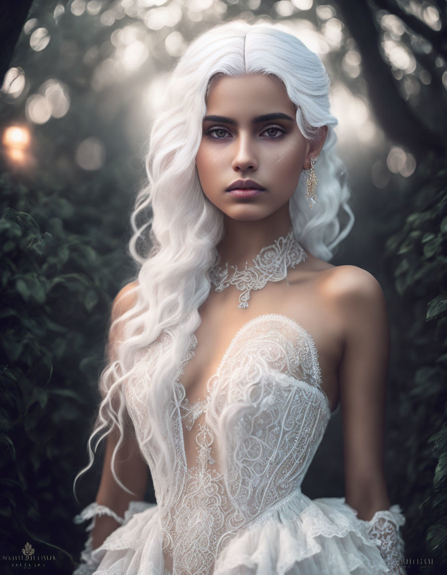 Woman with White Wavy Hair in Lacy Dress Standing in Dreamy Forest