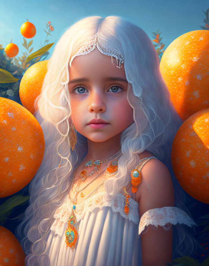 Digital Artwork: Young Girl with White Hair and Blue Eyes in Vibrant Sunlit Setting