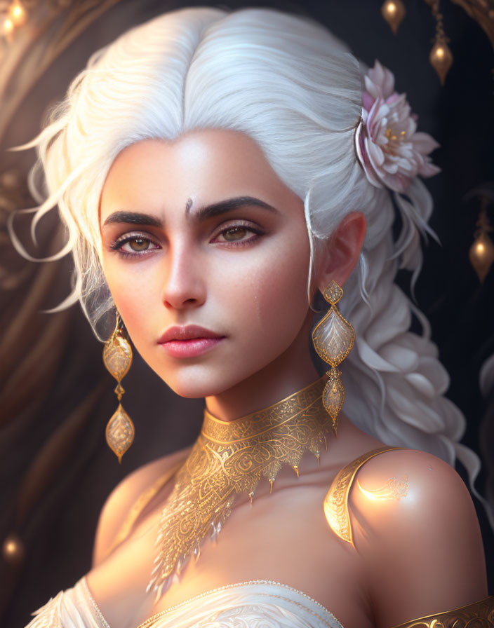 Portrait of Woman with White Hair, Gold Tattoos, and Jewelry, Gazing Intently