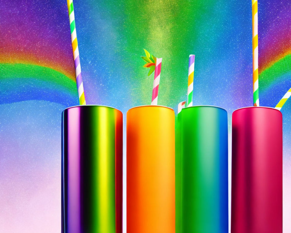 Colorful Cups with Striped Straws on Rainbow and Glittery Background