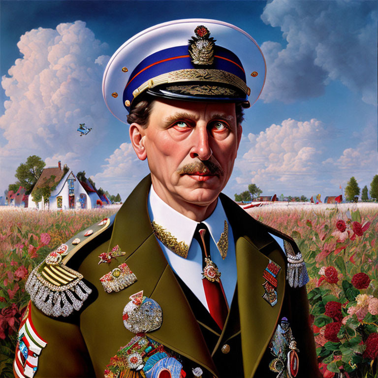 Hyperrealistic Painting of Man in Military Uniform with Medals in Pastoral Setting