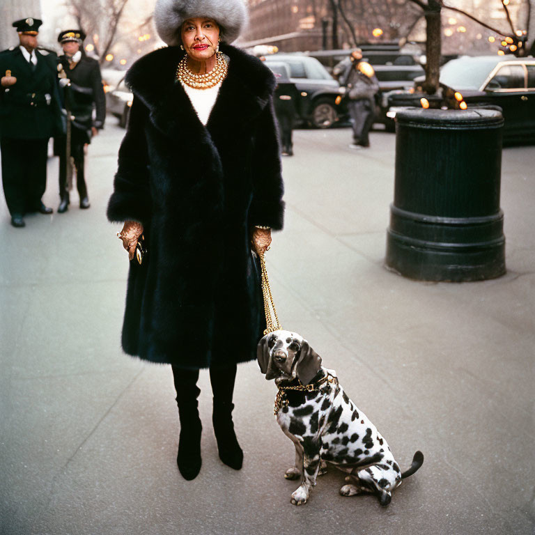 Stylish woman with Dalmatian in fur coat and hat on city street