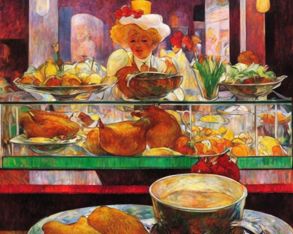 Colorful painting of smiling waitress with food displays under warm lighting