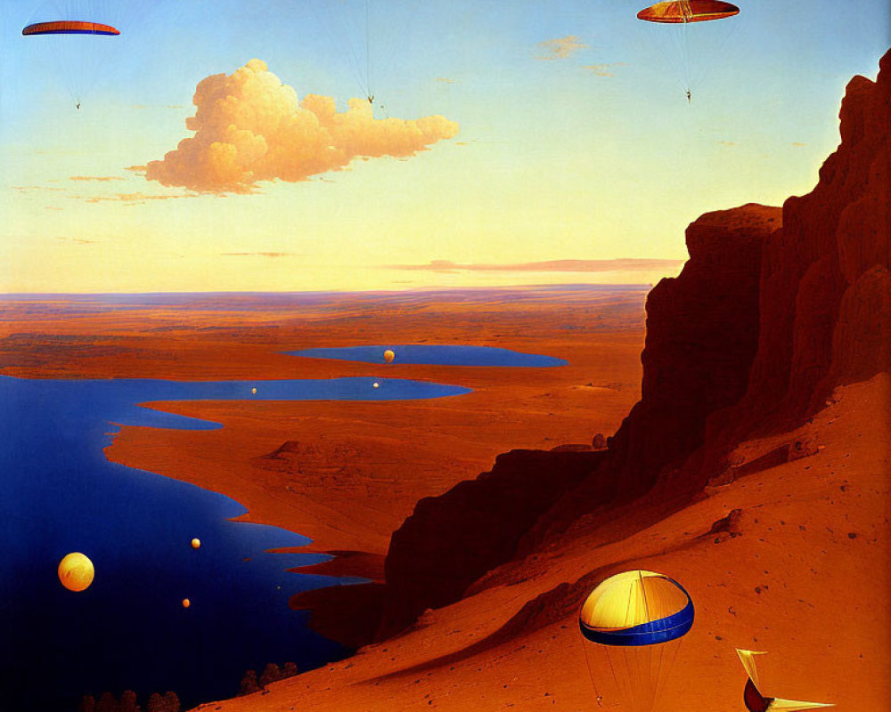 Surreal landscape: parachutes, balloons, canyon, blue waters, sunset