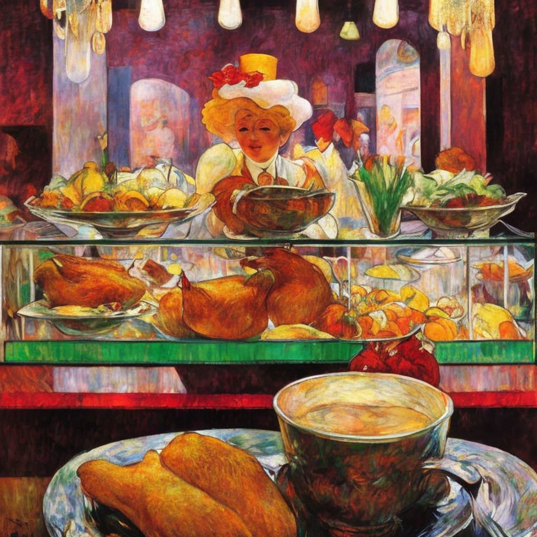 Colorful painting of smiling waitress with food displays under warm lighting