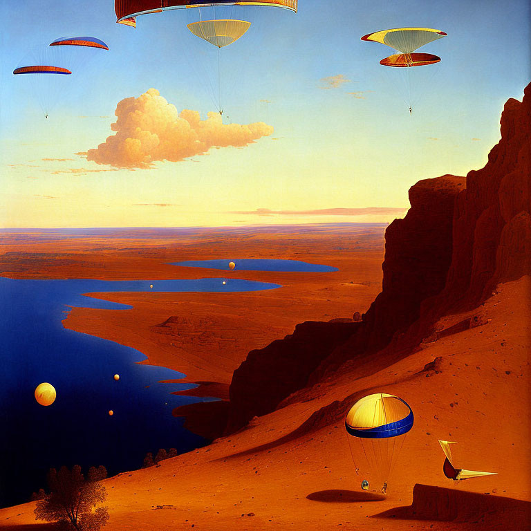 Surreal landscape: parachutes, balloons, canyon, blue waters, sunset