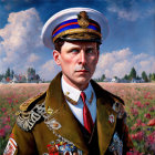 Hyperrealistic Painting of Man in Military Uniform with Medals in Pastoral Setting