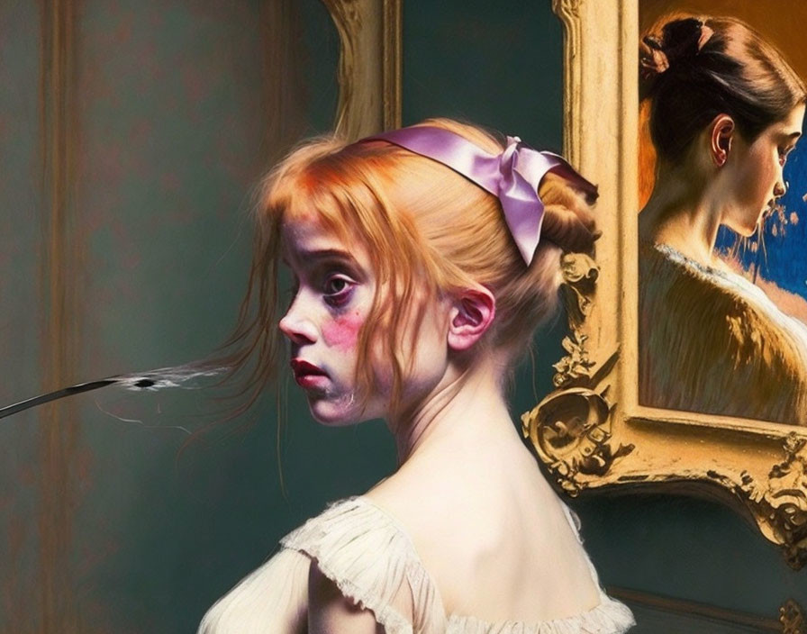 Portrait of young red-haired girl with pink ribbon and mirror reflection
