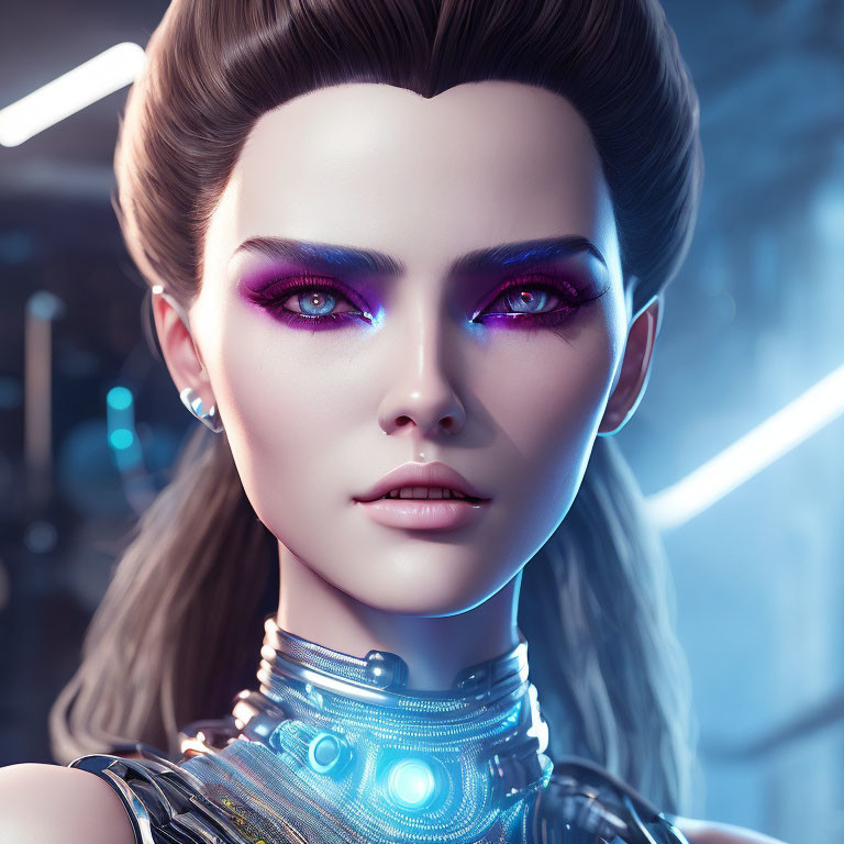 Digital Artwork: Female Humanoid with Violet Eyes and High-Tech Collar