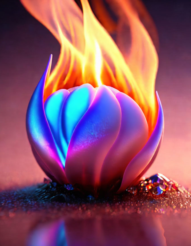 Colorful flame from metallic flower bud on textured surface