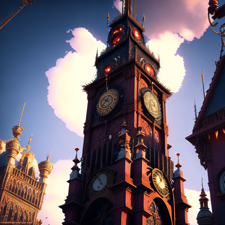 Animated Clock Tower with Glowing Eyes Against Pink Sky