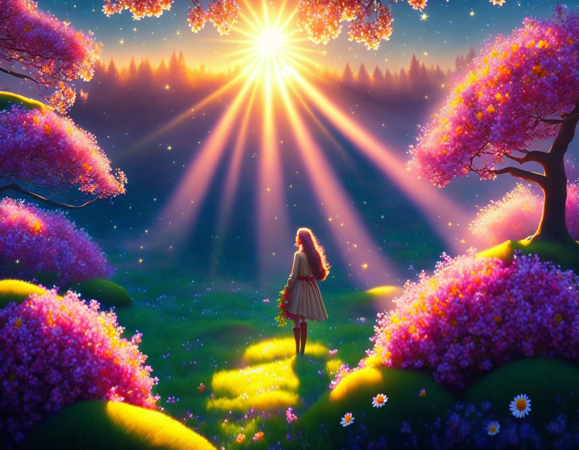 Woman in dress in vibrant magical forest with flowering trees
