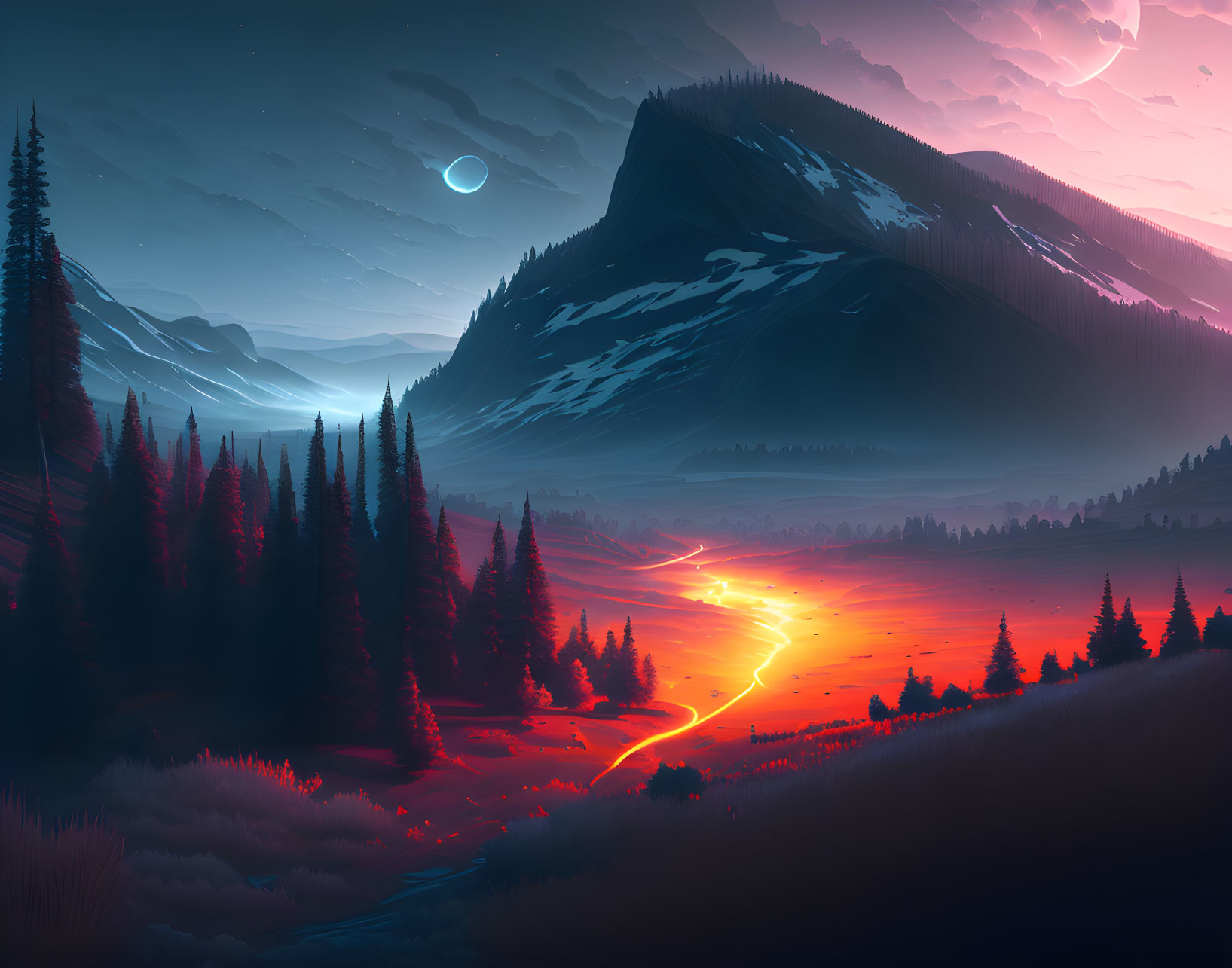 Surreal landscape with glowing lava river and crescent moon