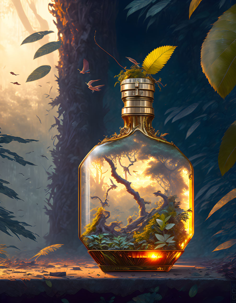 Luminescent tree-filled terrarium in bottle with metallic cap in mystical forest