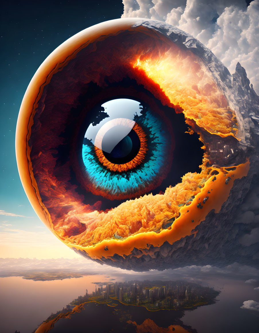 Enormous fiery eye over surreal city landscape