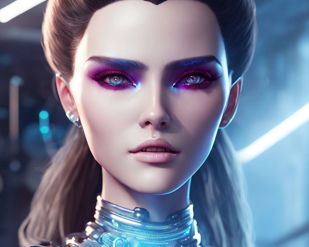 Digital Artwork: Female Humanoid with Violet Eyes and High-Tech Collar