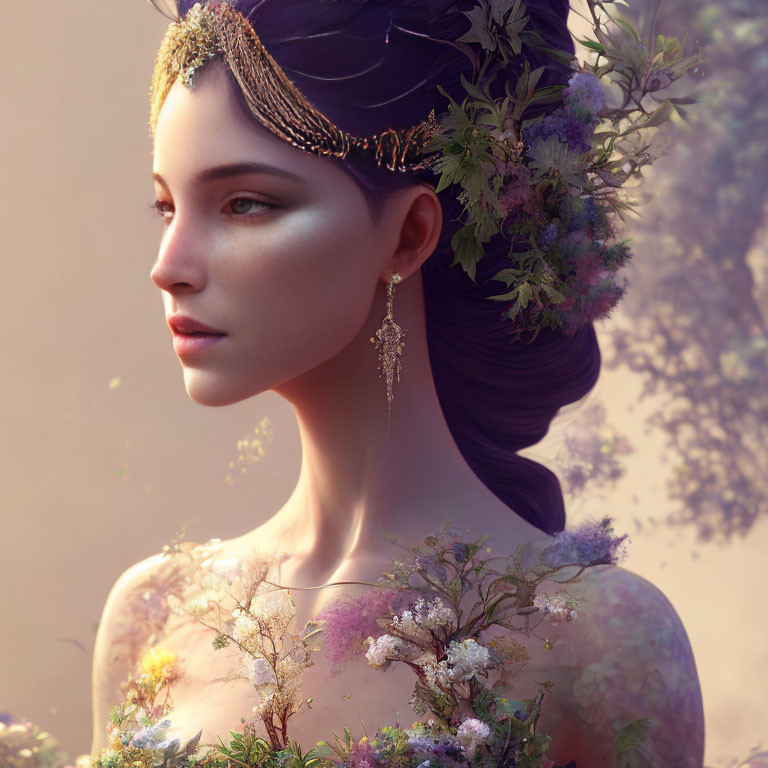 Digital artwork: Woman with elegant floral headpiece in serene light