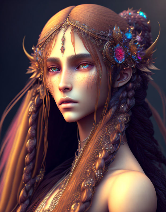 Fantasy elf woman digital portrait with amethyst eyes and golden headpieces.