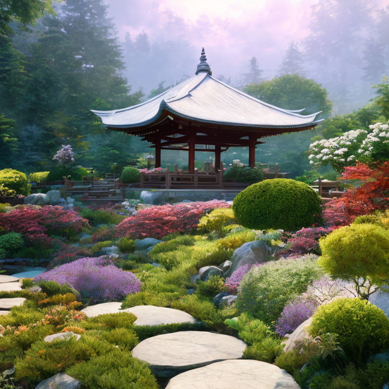 Scenic Asian garden with pavilion, stone path, trees, flowers, and mist