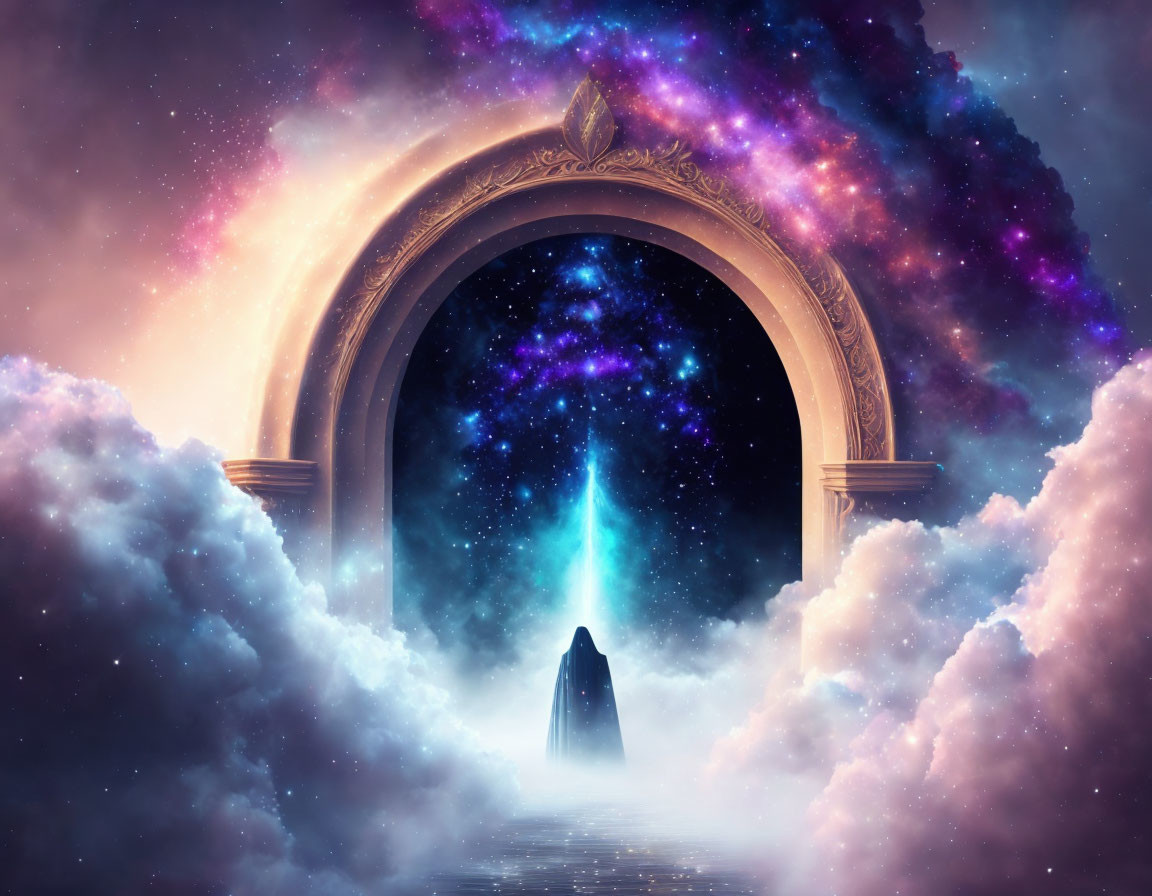 Cloaked figure at ornate archway with cosmic scene.