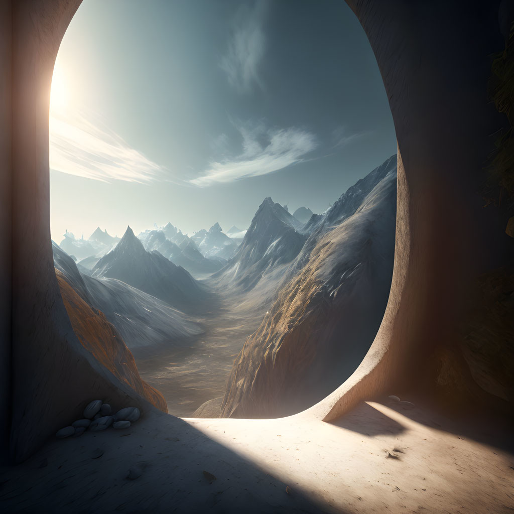 Sunlit Cave with Snow-Capped Mountains View