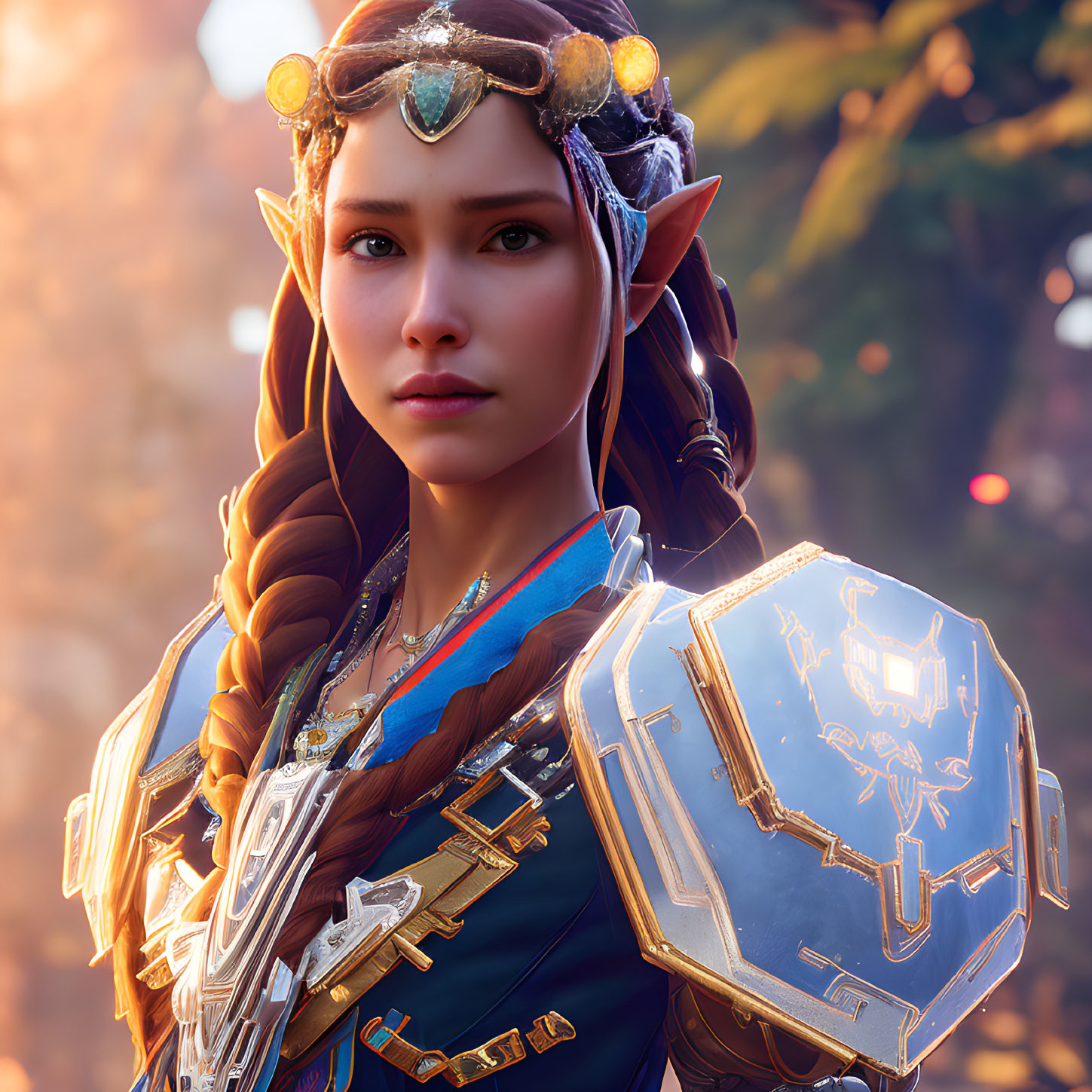 Female elf warrior digital artwork with braided hair, tiara, armor, and blue shield.