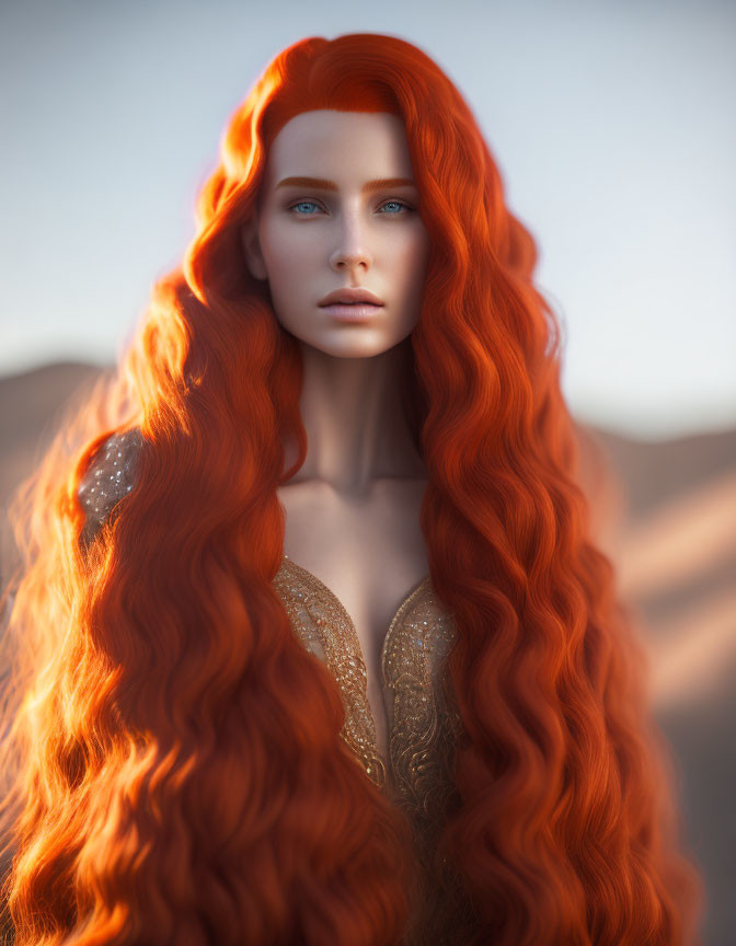 Portrait of Woman with Long Red Hair and Thoughtful Expression