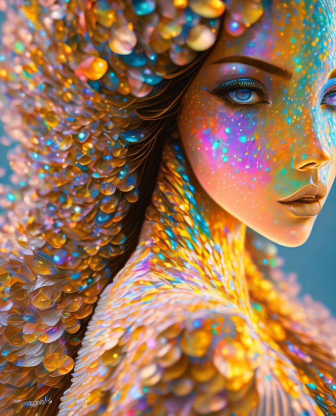 Digital artwork: Woman with iridescent scales, resembling a mythical siren or mermaid, deep