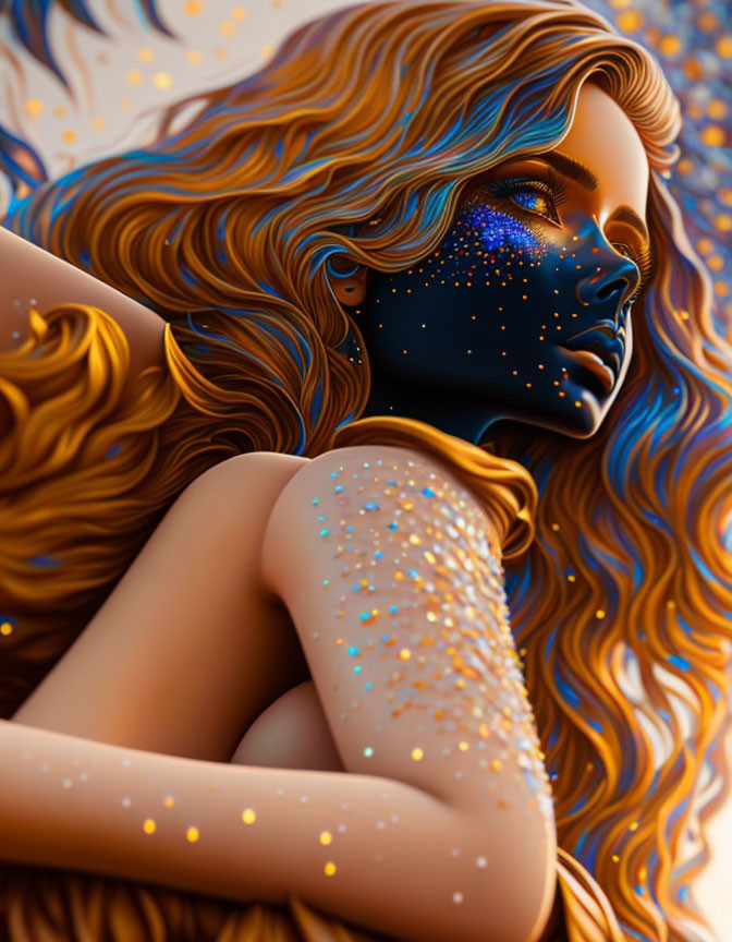 Digital artwork of woman with flowing hair and blue skin and sparkling constellations on orange and blue spe