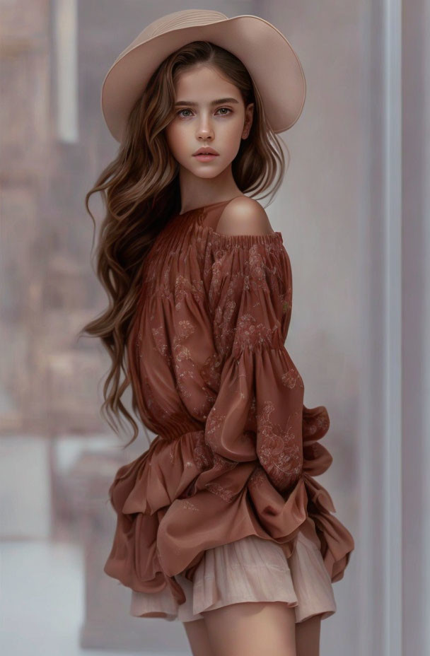 Long Wavy Hair Person in Floppy Hat and Embroidered Blouse