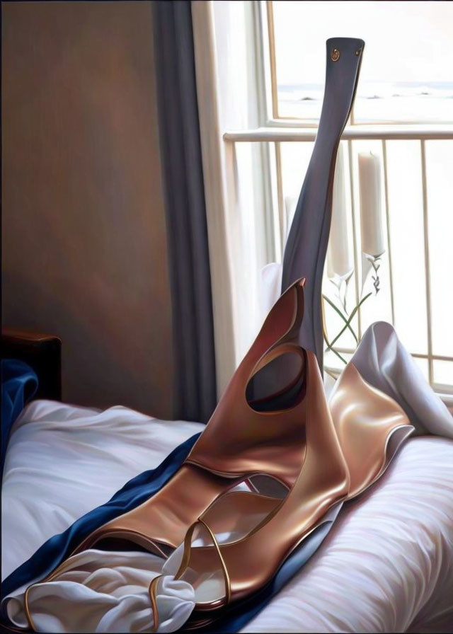 Surreal painting: melting violin on bed with white sheets, window view of clear sky