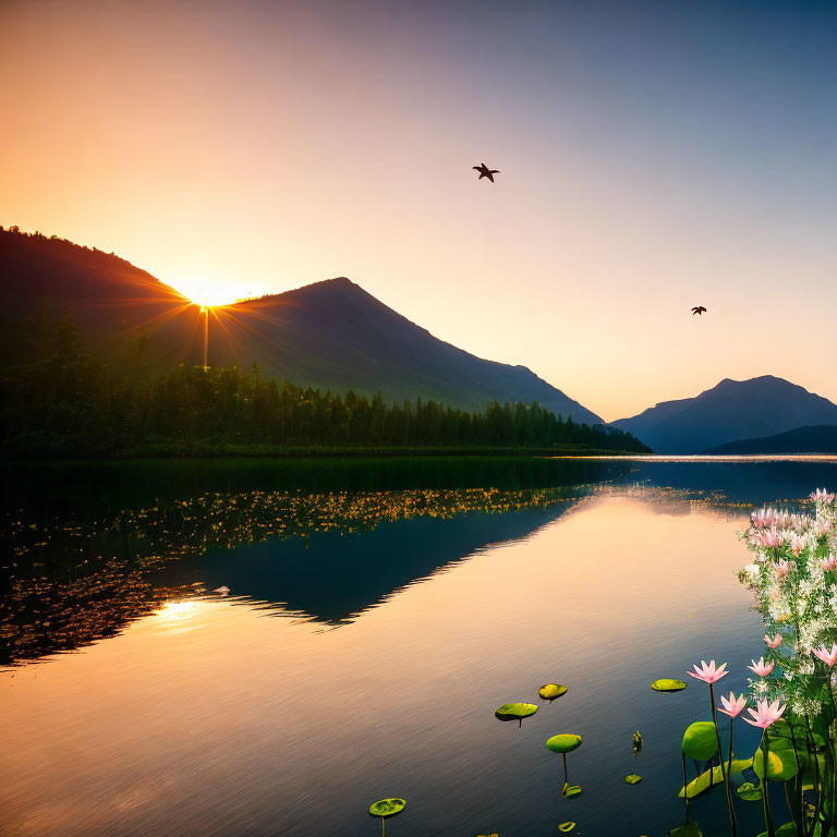 Tranquil lake sunset with mountains, flowers, and flying birds