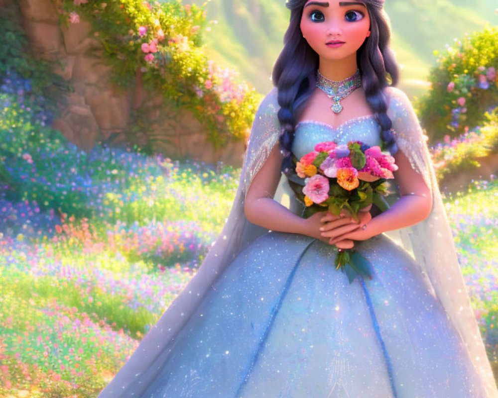 Long-haired animated princess in flower-filled glade with bouquet