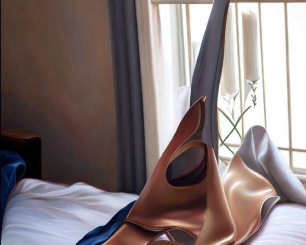 Surreal painting: melting violin on bed with white sheets, window view of clear sky