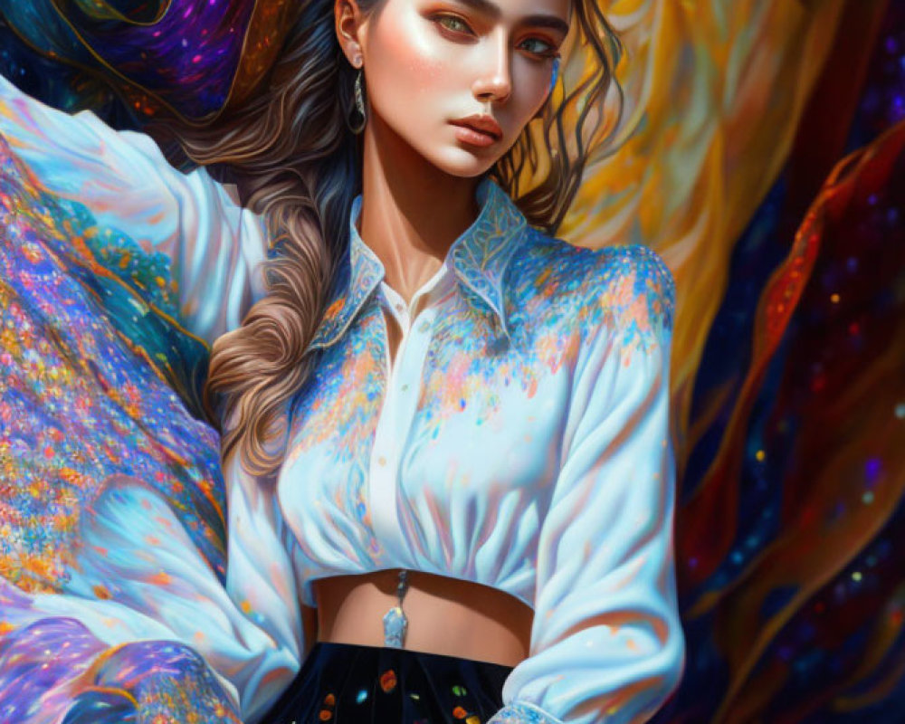 Colorful Digital Artwork: Woman with Flowing Garments & Detailed Hair