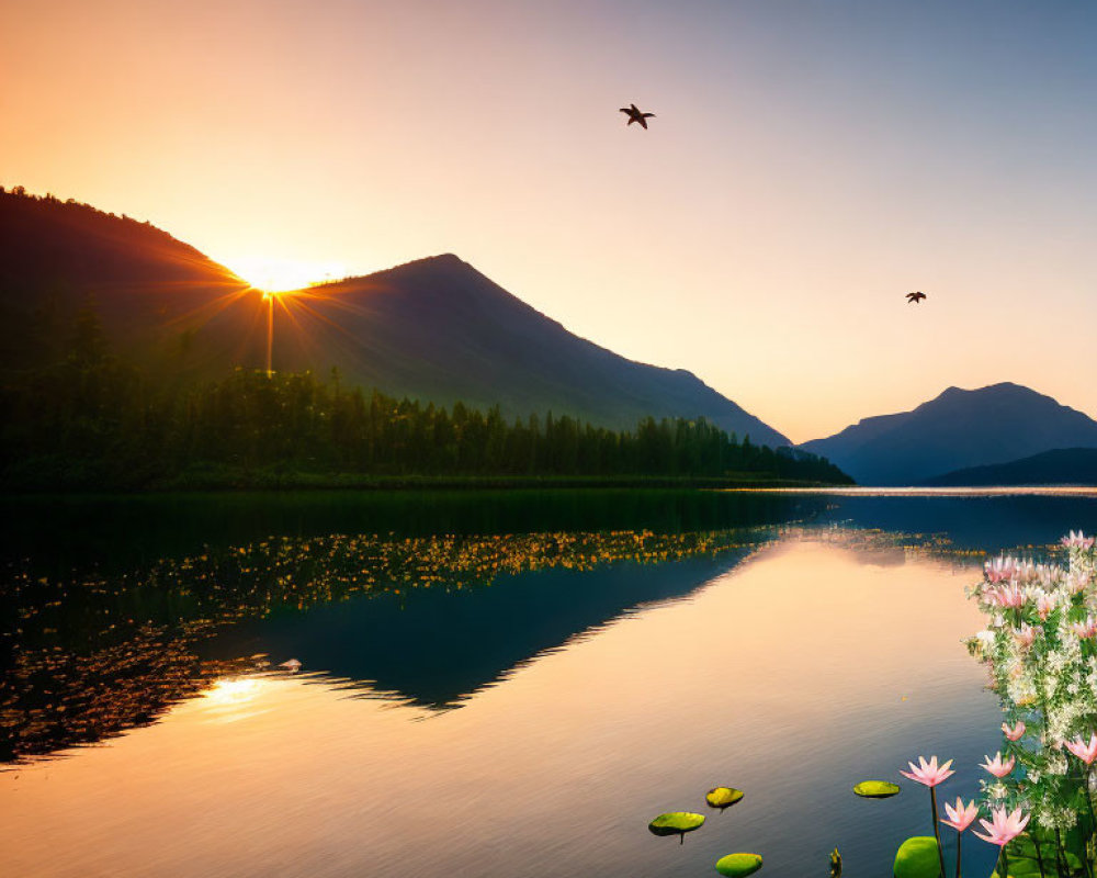 Tranquil lake sunset with mountains, flowers, and flying birds