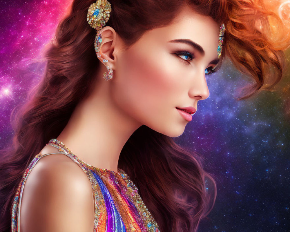 Elaborate Jewelry on Woman with Cosmic Background