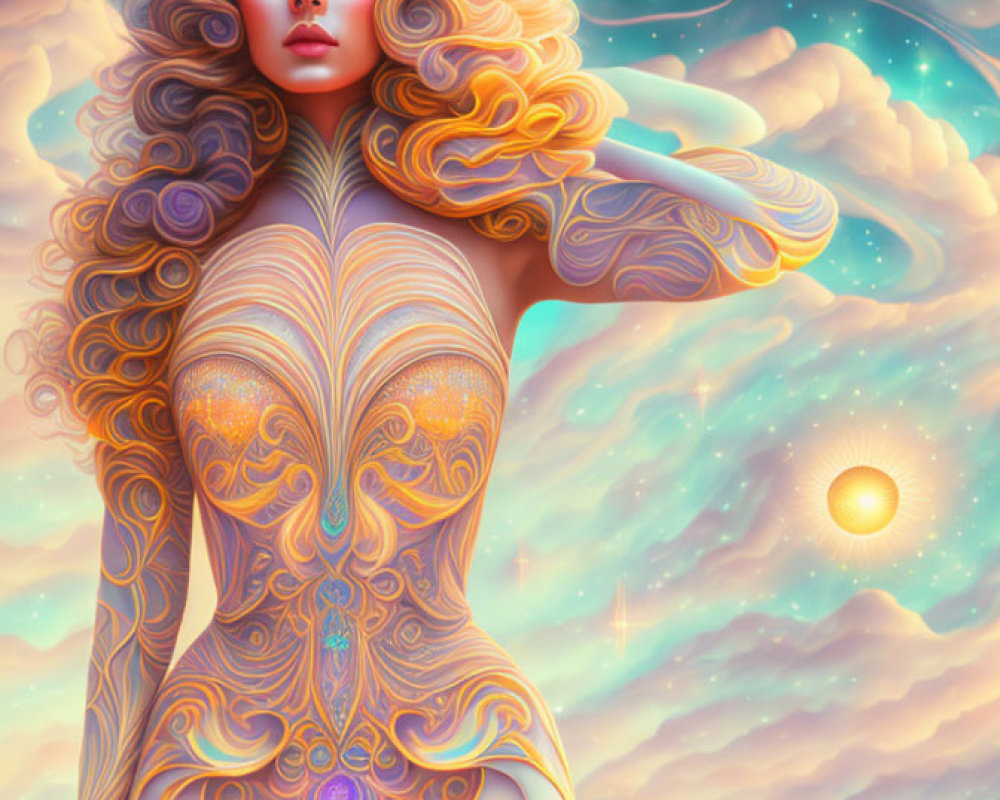 Digital artwork: Woman with flowing hair and intricate body art on cosmic backdrop