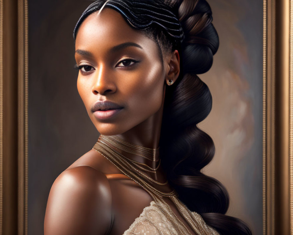 Sophisticated woman portrait with elegant makeup, gold jewelry, classic painting style