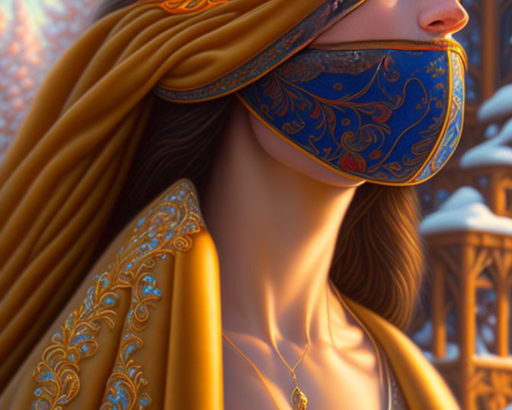 Illustrated woman in blindfold and ornate golden cloak against snowy backdrop