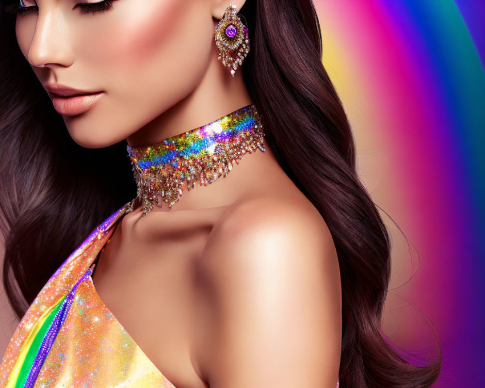 Colorful Glamour: Woman in Vibrant Jewelry and Garments