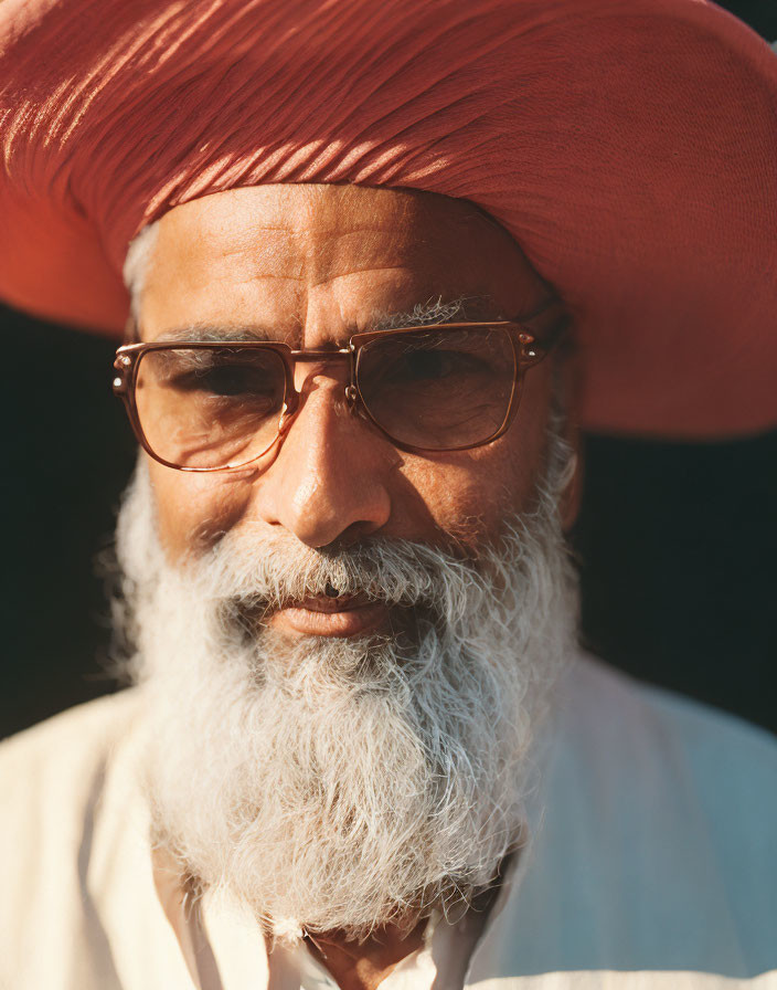 Elderly man with white beard in red turban and sunglasses