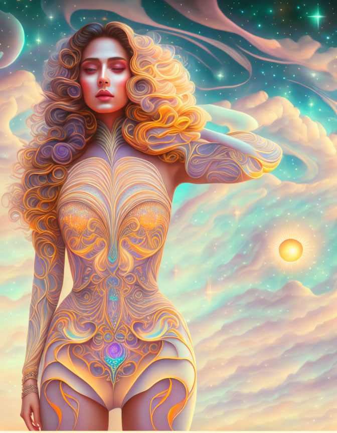 Digital artwork: Woman with flowing hair and intricate body art on cosmic backdrop
