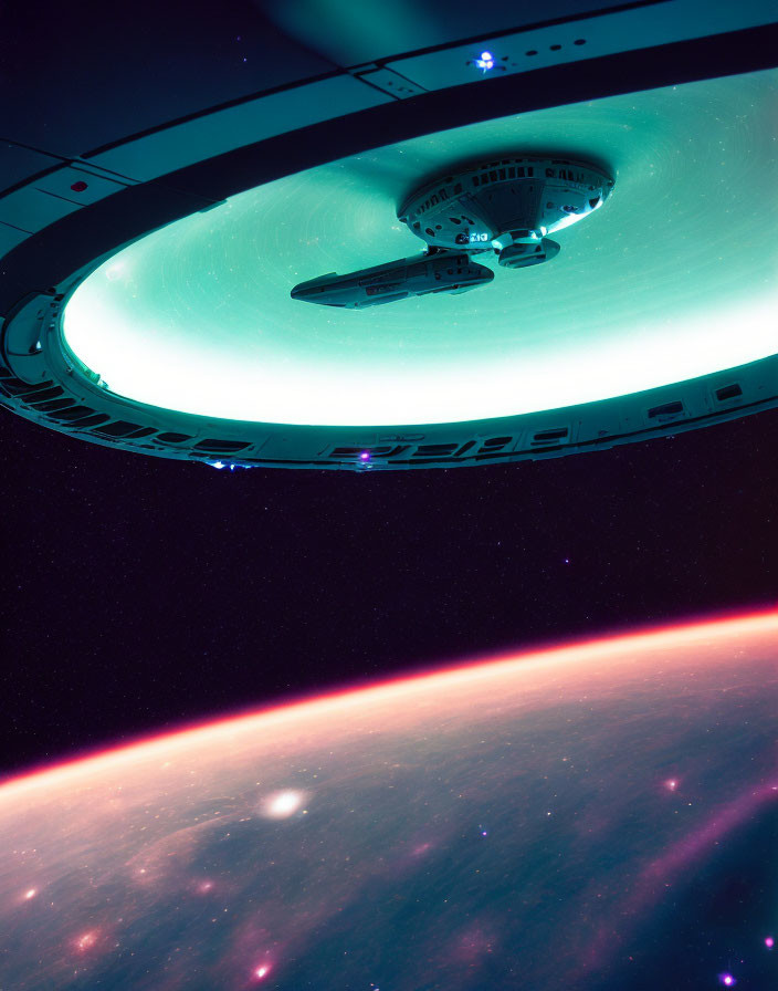 Spaceship window view of spacecraft in vibrant nebula with planet's curvature