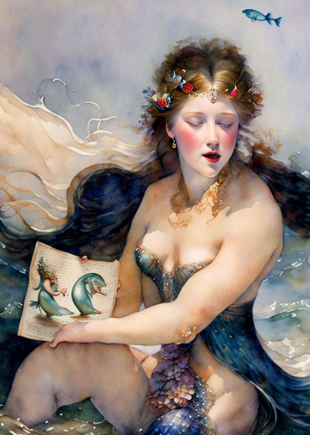 Mermaid with Crown Reading Book by Water and Flying Fish