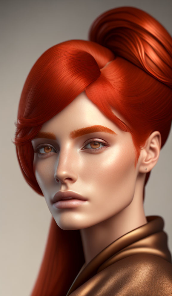 3D rendered portrait of woman with red hair, blue eyes, and leather jacket