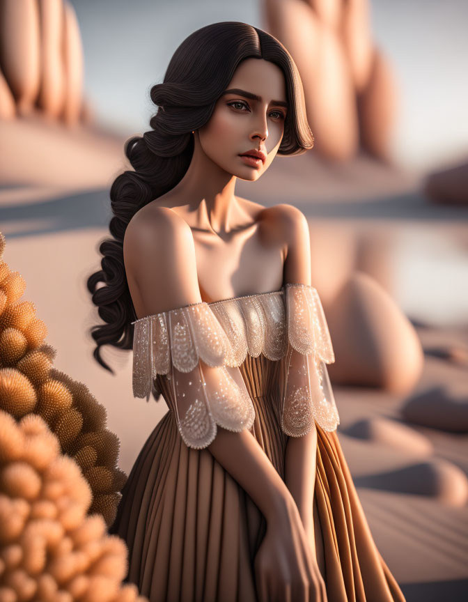 Stylized 3D Illustration of Woman in Beige Dress Against Surreal Desert Backdrop