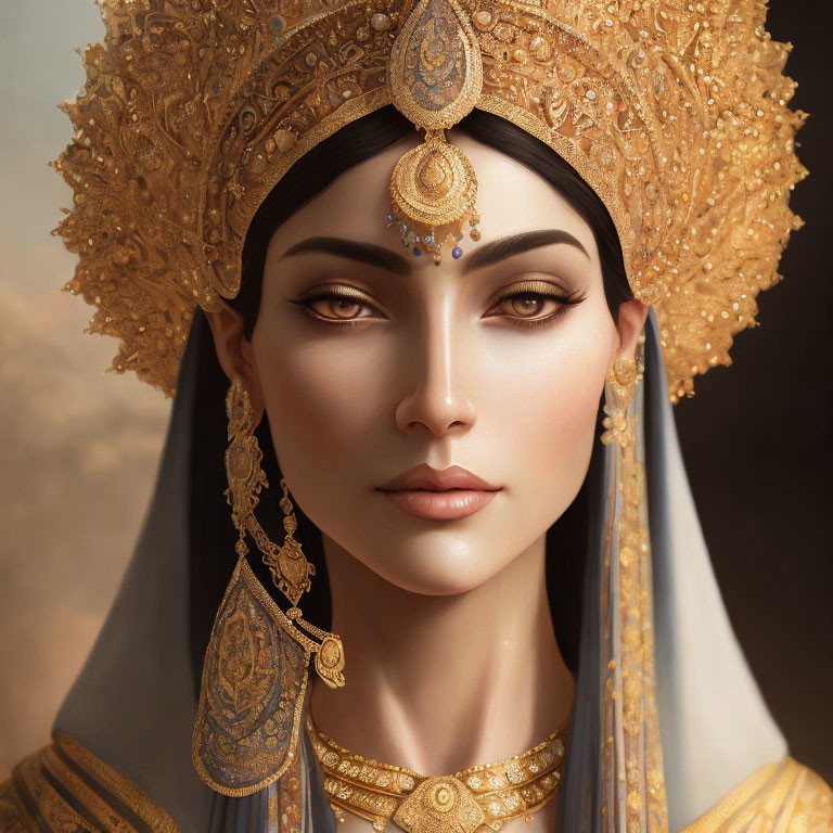 Intricate gold headwear and jewelry on woman in digital portrait