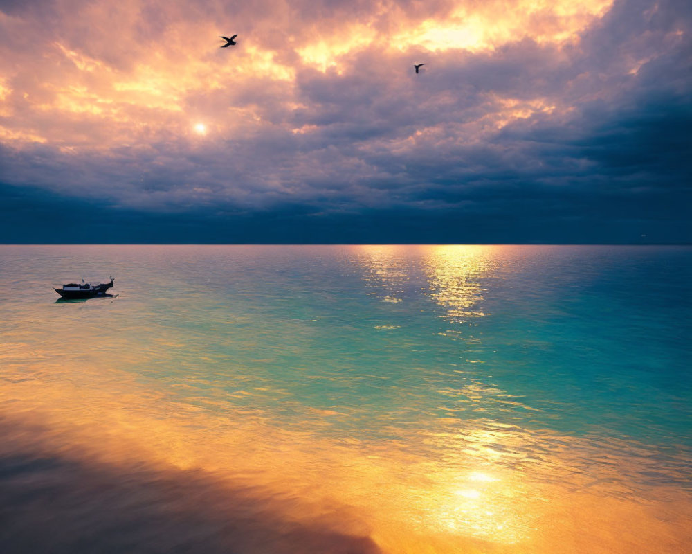 Tranquil sunset seascape with boat, orange clouds, and birds in dramatic sky