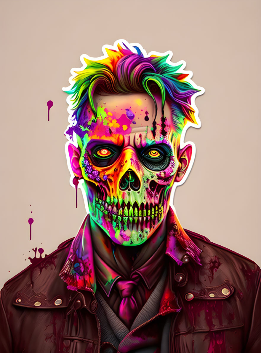 Colorful Skull-Faced Figure in Neon Colors on Brown Background